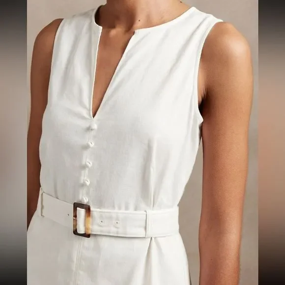 Banana Republic LINEN COTTON SHIFT DRESS sleeveless size 16 off white midi belt - Picture 9 of 11